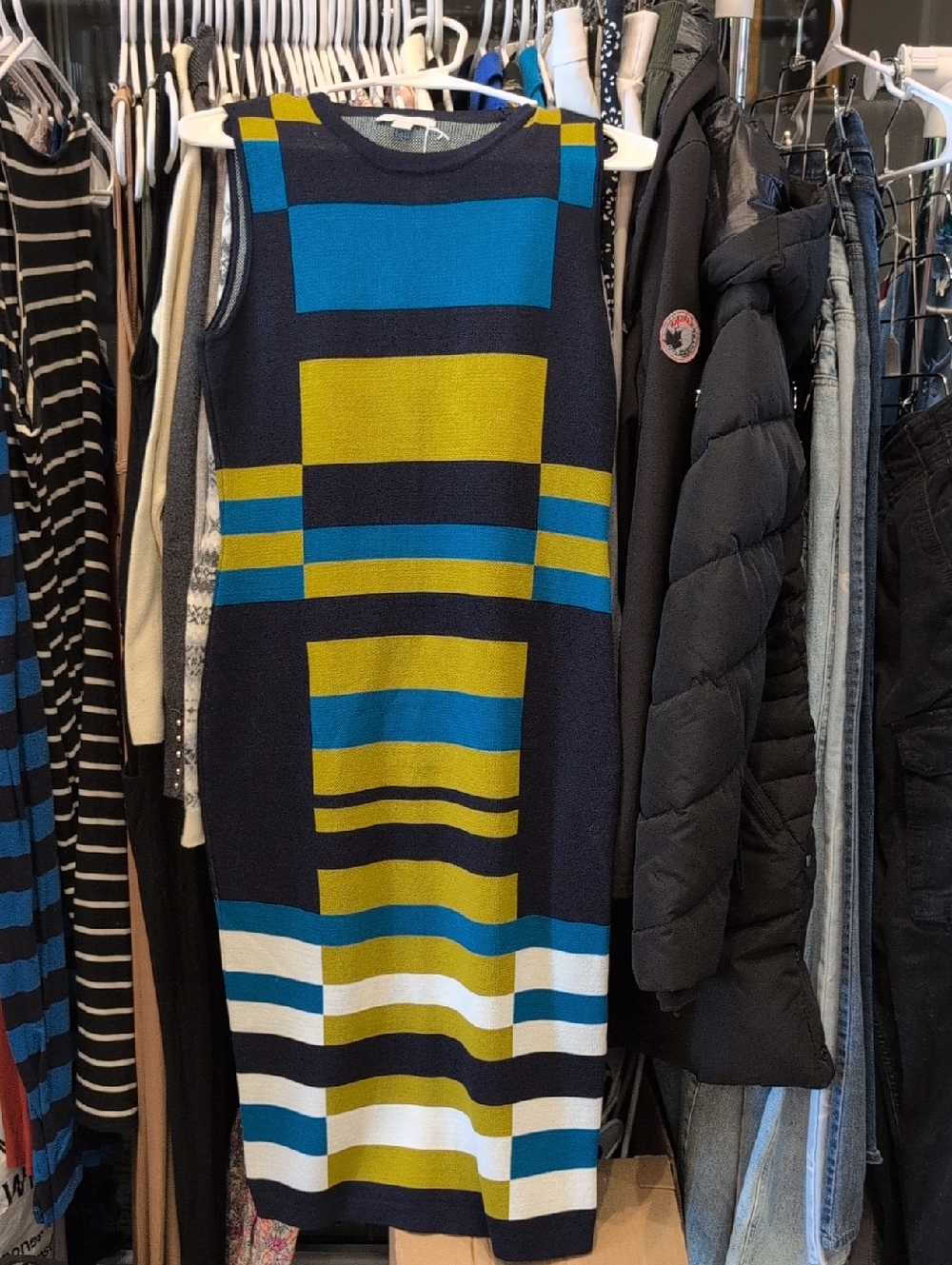 Sleeveless Geometric Stripe Knit Dress in Navy, Teal & Lime